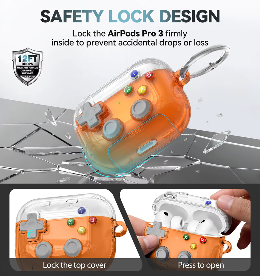 Apple AirPods Pro 4 und Pro 3 Schutzhülle im 3D-Gamer-Design mit Telefonständer-Funktion und sicherem Verschluss, transparent/orange - Bild 3