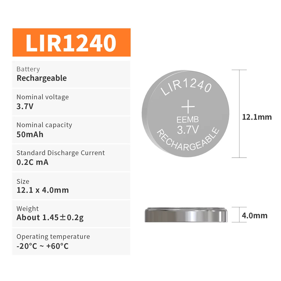 EEMB Lir1240 wiederaufladbare Lithium-Knopfbatterie 3,7 V 50 mAh in Silber für Bluetooth-Kopfhörer und Hörgeräte - Bild 2