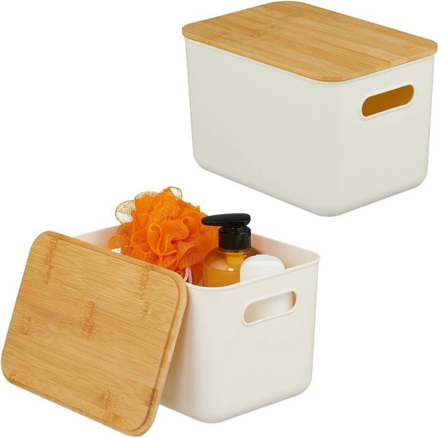 Relaxdays Aufbewahrungsbox 2er Set aus Kunststoff und Bambus in Weiß mit Deckel, stapelbar, B/T/H: 26 x 16 x 17,5 cm - Bild 1