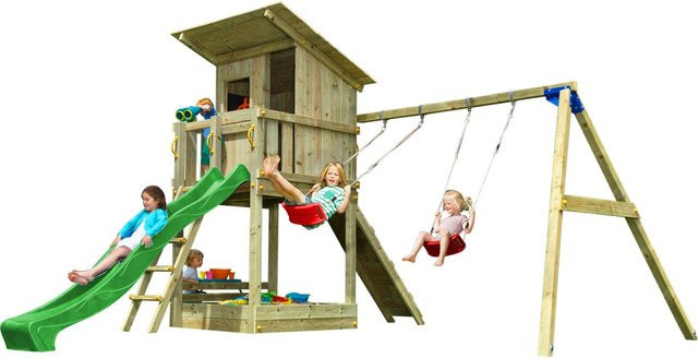 Spielturmking Spielturm BEACH HUT in Grün mit Rutsche, Kletterrampe und Doppelschaukel - Bild 1