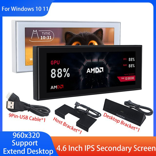 TURZX 4,6 Zoll IPS Smart Screen USB Sekundärbildschirm für CPU GPU RAM mit 960x320 Auflösung zur Desktop-Erweiterung für Windows 10 11 - Bild 1