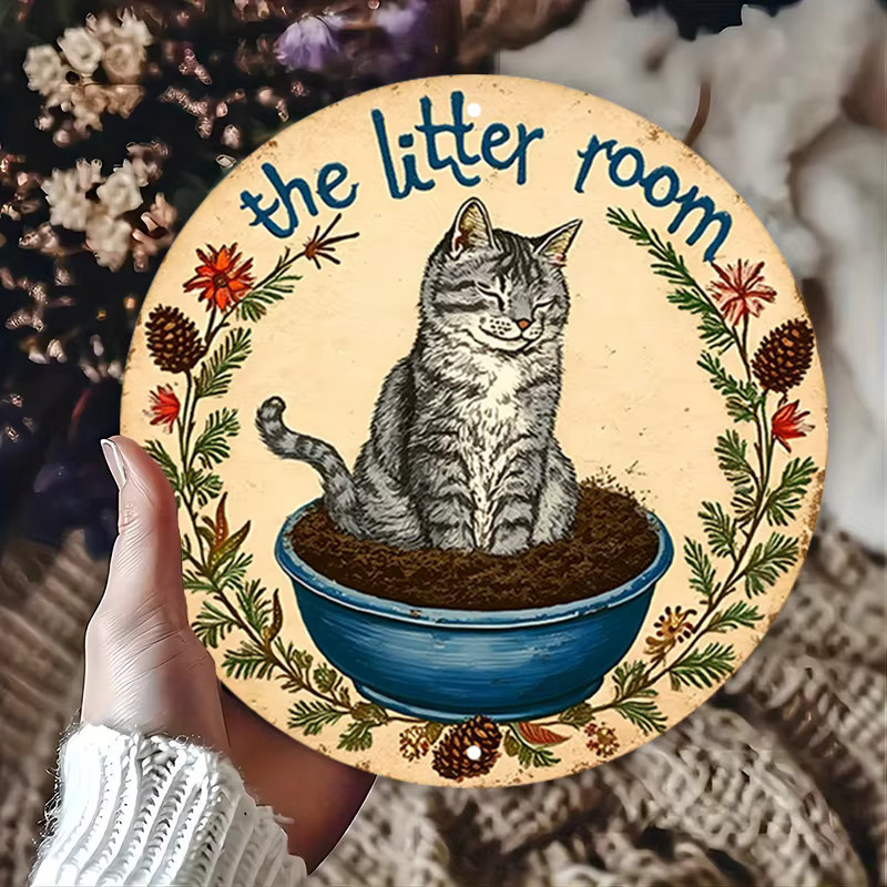 WhimsyCat Vintage Metallschild The Litter Room rund, rustikale Wandkunst aus Aluminium, Mehrfarbig, Durchmesser: 20 cm - Bild 5