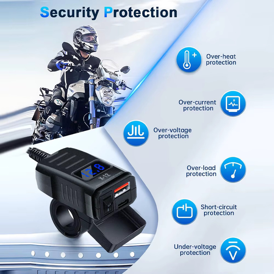 PD QC3.0 Motorrad-USB-Ladegerät mit Dual-USB-Anschluss, Voltmeter und Schalter, wasserdichter 12V-Adapter in Schwarz für Telefon und GPS - Bild 4