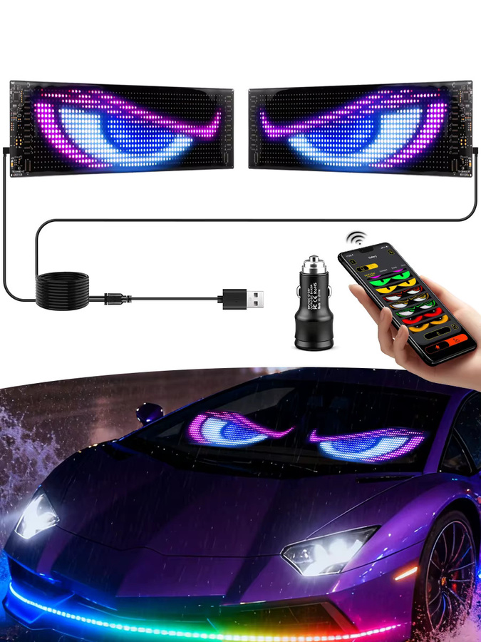 Lcamaw Dämonenaugen Auto-Werbelicht mit intelligenter APP-Steuerung, programmierbares RGBIC LED Matrix-Pixel-Panel für Auto und LKW, Schwarz - Bild 6