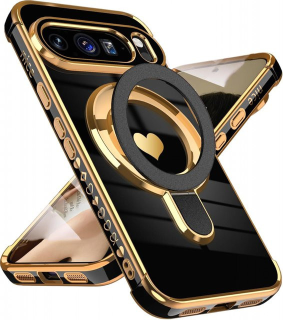 Magnetische Schutzhülle mit herzförmiger Rückseite und Standhalterung für Google Pixel 10 Pro XL 9 8 Pro, Farbe: Schwarz - Bild 1