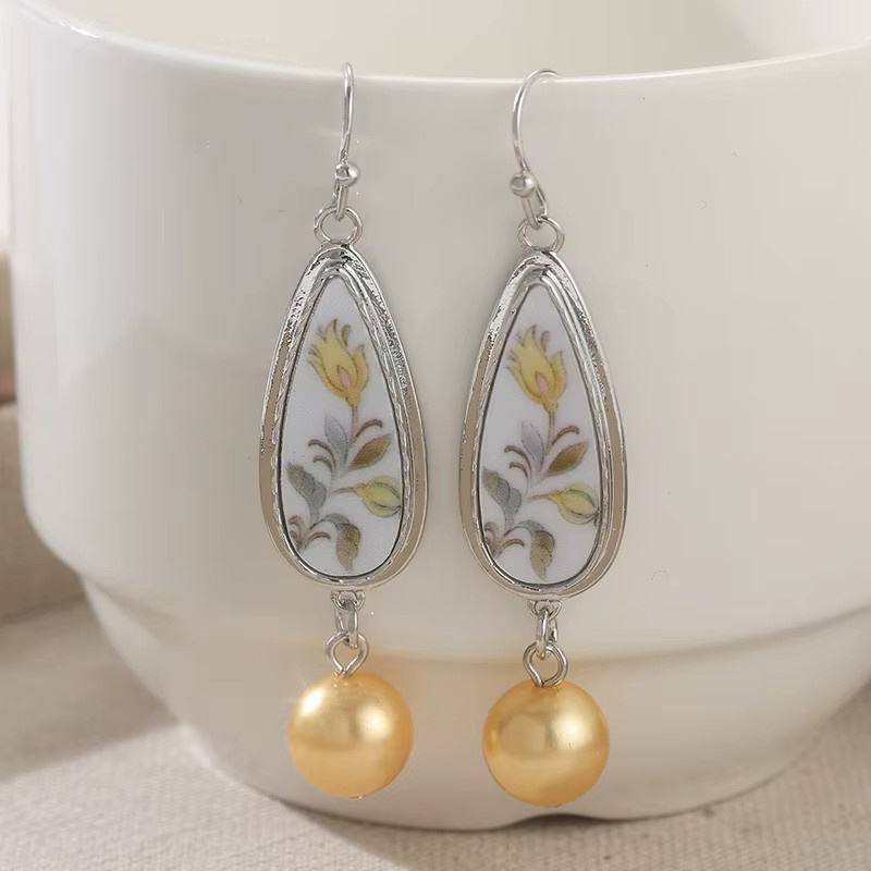YoYo Ohrringe, Blumenmuster, Perle, Silber, Damen, Vintage - Bild 2