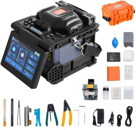 VEVOR Glasfaser-Spleißgerät mit 6 Motoren und Kernausrichtung, 5-Zoll-LCD-Bildschirm, 3-in-1-Faserhalter und 7800 mAh Akku für SM MM DS NZDS Fasern in Schwarz und Weiß - Bild 1