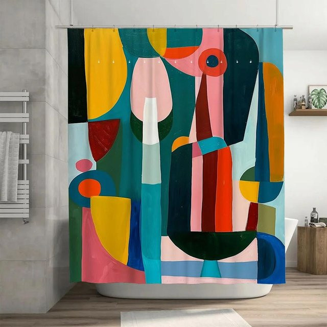 Duschvorhang von Dai Jiaochuan mit abstraktem Aquarell-Design in Gelb, Blau und Schwarz, wasserdicht und schimmelresistent, B: 60 cm, H: 190 cm - Bild 1
