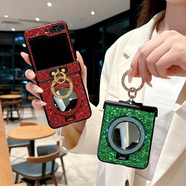 Luxuriöse Samsung Galaxy Z Flip Handyhülle aus Hartschale mit Kunststein-Ringhalter und magnetischem Spiegelständer in Grün - Bild 1