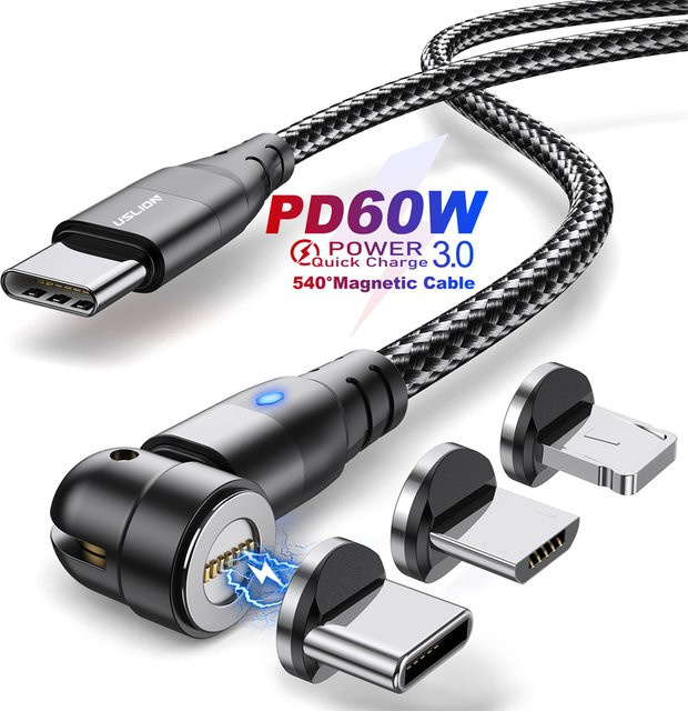USLION PD 60 W 3 A Schnelllade-Magnetkabel mit 540 Grad Drehung für USB-C und Micro-USB in Schwarz und Rot - Bild 1