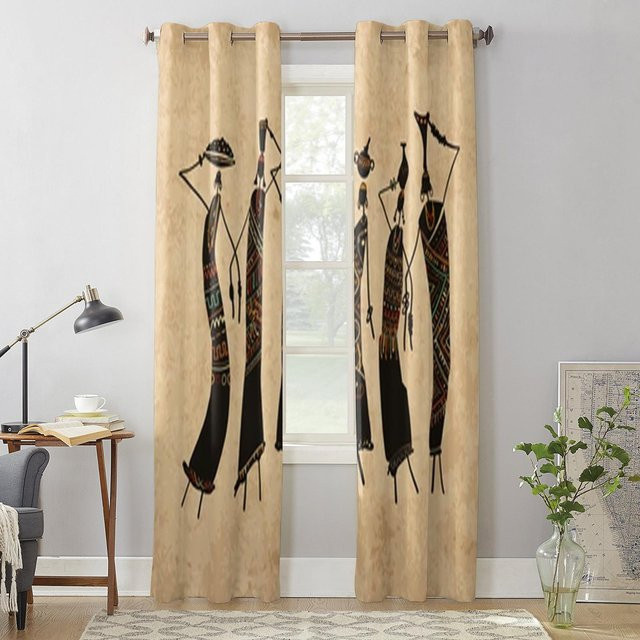 Super Six Dekorative Vorhänge mit afrikanischem Frauenmotiv in Beige, 2er-Set, B: 135 cm, H: 230 cm - Bild 1