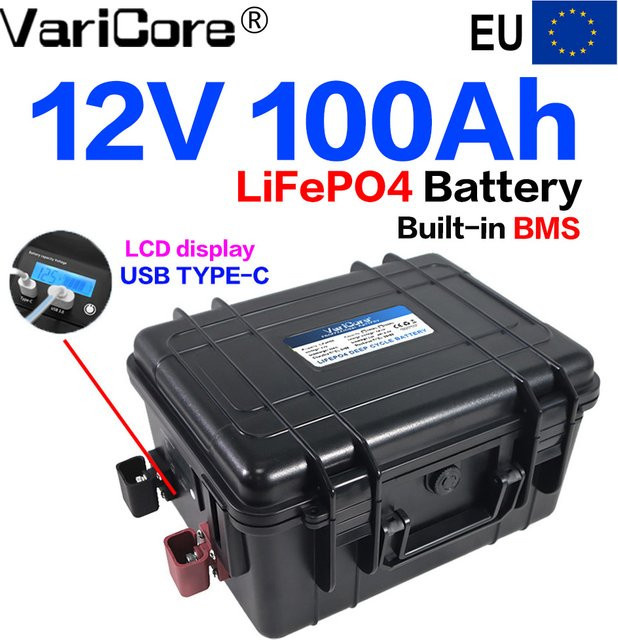 VARICORE LiFePO4 Batterie 12V 100Ah Deep Cycle mit integriertem BMS und LCD-Display in Schwarz für Solar, Wohnmobile, Marine und Notstromversorgung - Bild 1