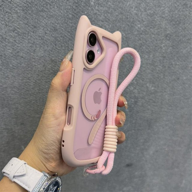 MagSafe Handyhülle mit Katzenohren und Handgelenkschlaufe für Apple iPhone 11 12 13 14 15 16 Pro Max Plus, transparentes Armor Cover aus PC und TPU - Bild 1
