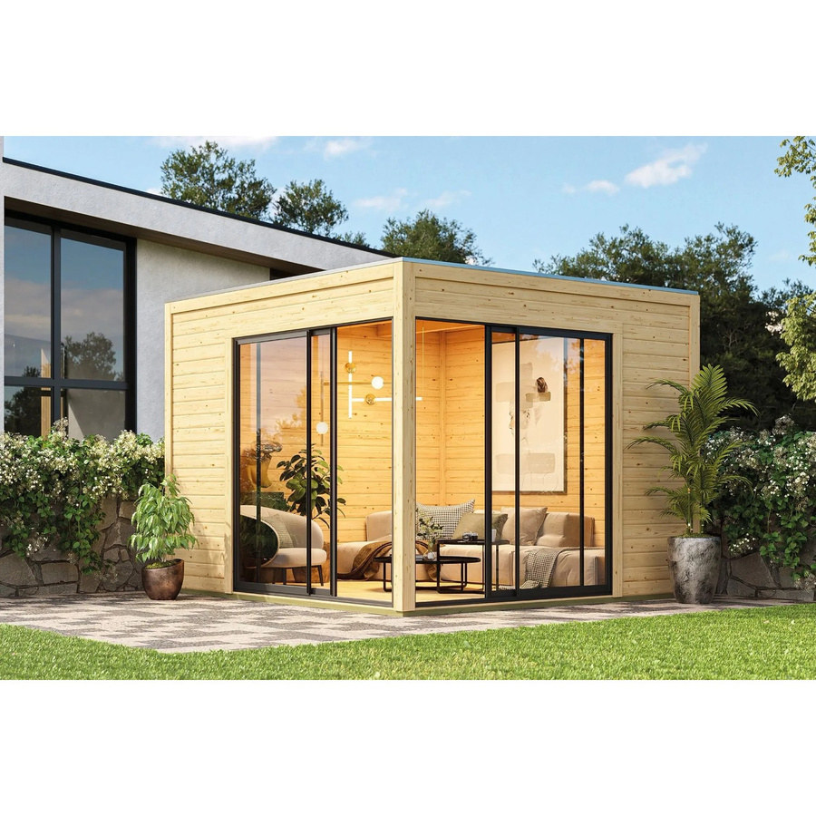 Karibu Gartenhaus Dillen 3 aus Massivholz in Natur mit Schiebetür und Flachdach - Bild 2