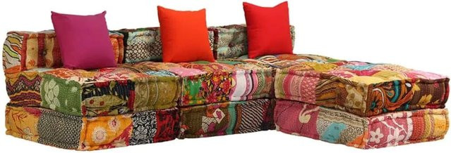 vidaXL Modularer 3-Sitzer Pouf Patchwork Stoff in Multicolour mit Schlaffunktion B/T/H: 180 x 140 x 58 cm - Bild 1