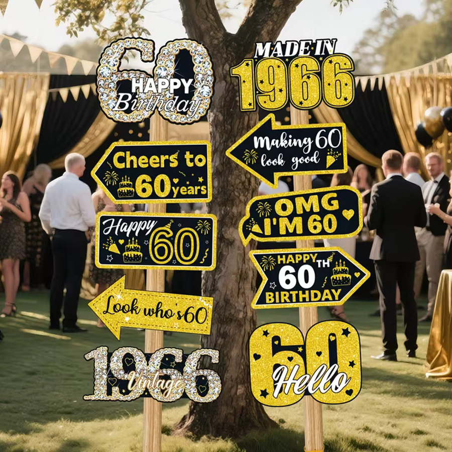 AFYPRTY 10-teiliges 60. Geburtstag Dekorations-Set in Schwarz-Gold im Vintage-Stil aus Papier mit Foto-Requisiten - Bild 2