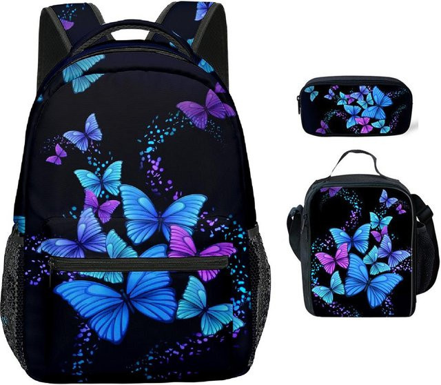 Fancy Style Studio 3er-Set Schultaschen mit Schmetterling-3D-Druck in Blau bestehend aus Rucksack, Umhängetasche und Federmäppchen - Bild 1