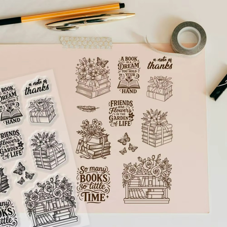 Transparenter Gummistempel mit Blumen, Vintage-Buch und inspirierenden Sätzen für wiederverwendbare Stempelabdrucke - Bild 2