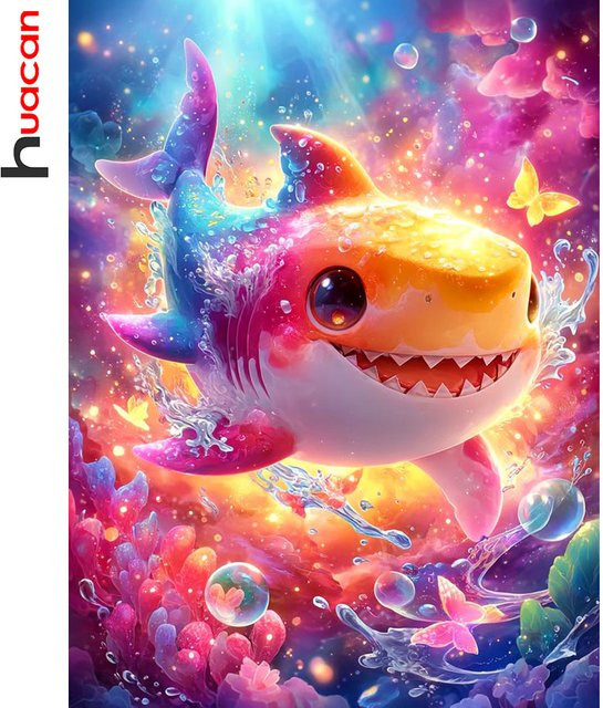 Huacan Diamant-Stickerei Set mit Hai-Motiv und Ozean-Schiffchen, rund, Multicolour, Durchmesser: 20 cm - Bild 1