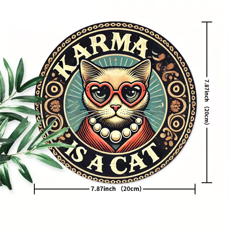 Potdemiel Vintage Eisen-Wandkunst Karma Is A Cat Rundes Metallschild Multicolour Durchmesser: 20,0 cm - Bild 2