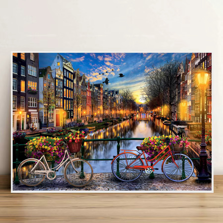 YUTTEE 5D Diamantmalerei Amsterdam Stadtbild mit Fahrrad und Sonnenuntergang als Kreuzstich Dekoration B/H: 30 x 20 cm - Bild 2