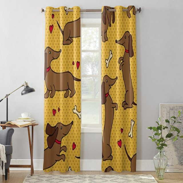 Super Six Dackel Fenstervorhang mit Punktmuster in Gelb, semi-transparent, B: 100 cm, H: 160 cm, 2er-Set - Bild 1