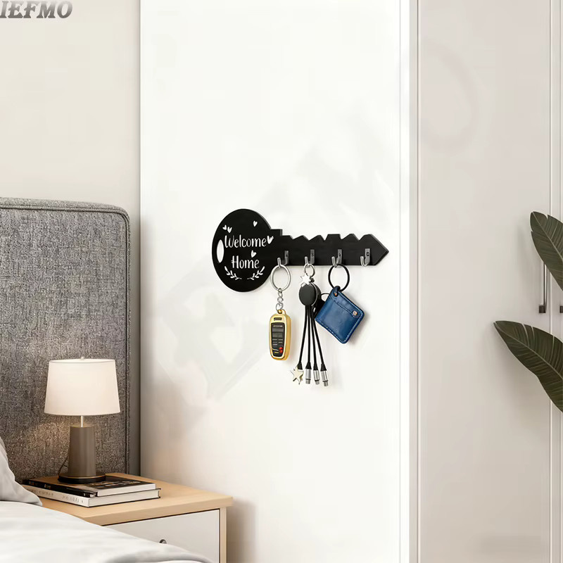 IEFMO Vintage Schlüsselhalter aus Holz und Metall in Schwarz als rustikale Wandhaken-Dekoration für den Flur - Bild 3