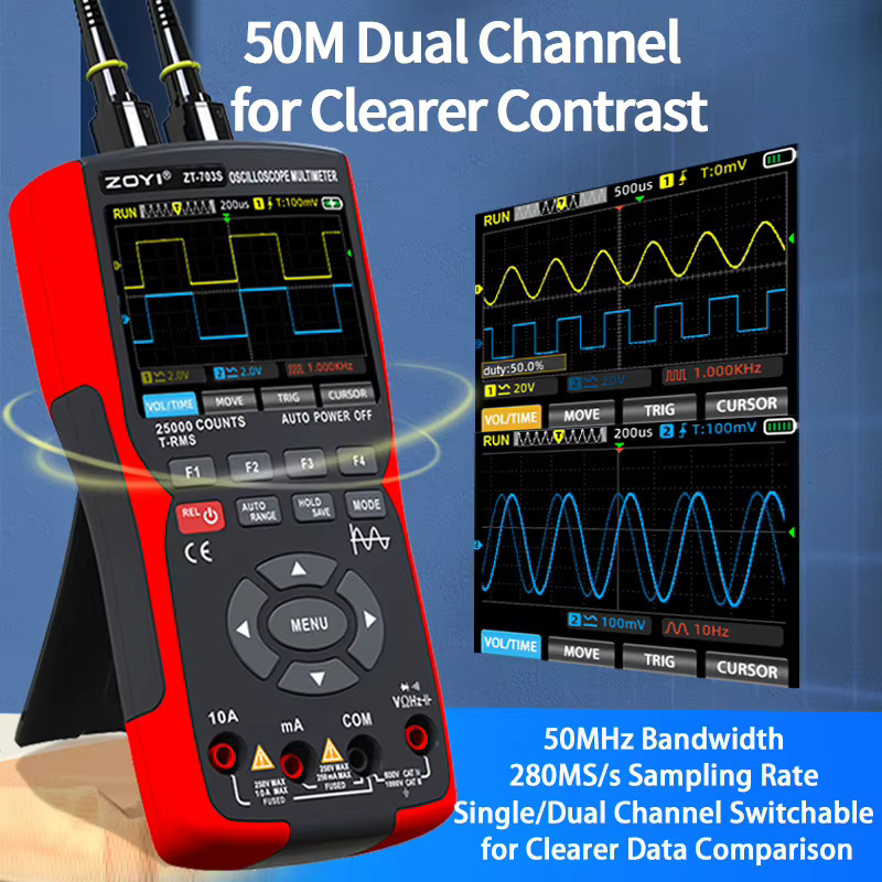 ZOYI 703S 3-in-1 Handoszilloskop in Rot: Automotive Dual-Kanal 50MHz mit 280MS Digitalmultimeter und Signalgenerator-Tester - Bild 3