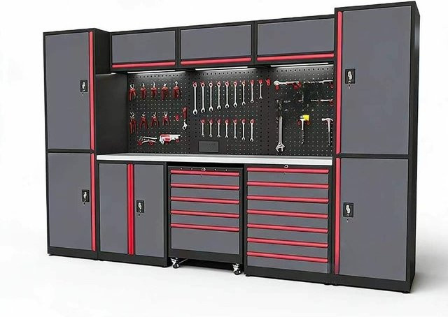 Schwerlast-Werkzeugschrank-Kombination für die Autoreparatur in Grau, B/T/H: 200 x 136 x 52 cm - Bild 1