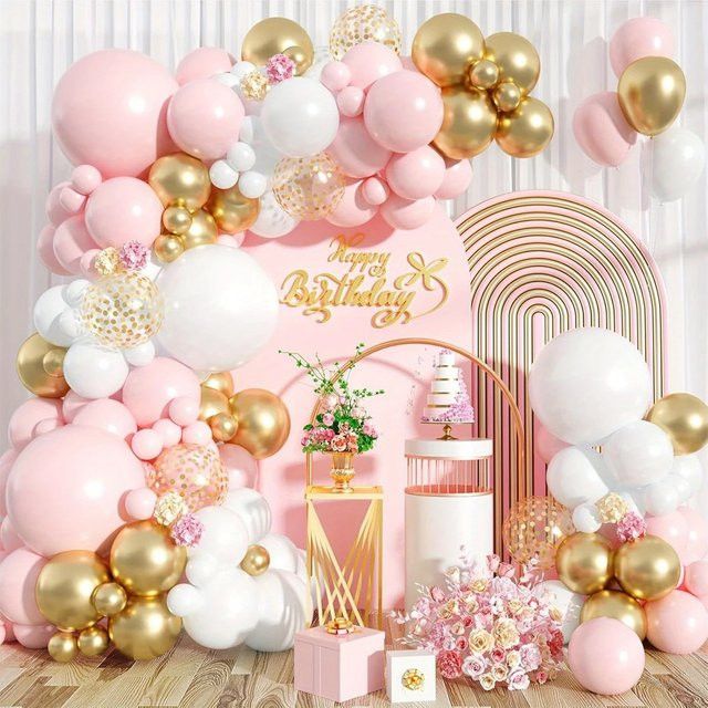 Ballongirlande Kit BALONAQ aus Latex in Rosa, Weiß und Gold für Babyparty, Geburtstag, Brautparty oder Hochzeit - Bild 1