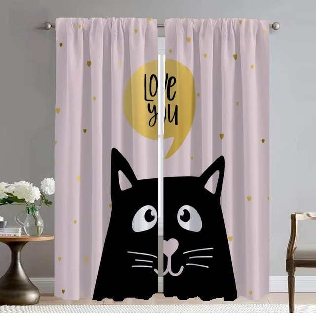 Moderne Fenstergardinen mit Katzen-Motiv für dein Wohnzimmer, 2er-Set, Farbe: Pink, Breite: 50 cm, Höhe: 70 cm - Bild 1