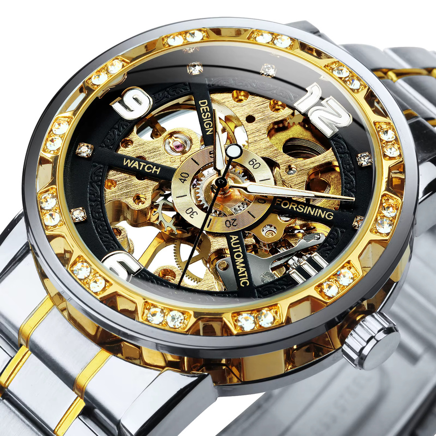 Forsining Armbanduhr, Skelett-Mechanikuhr, Edelstahl, Diamantbesetzt, Herren - Bild 2