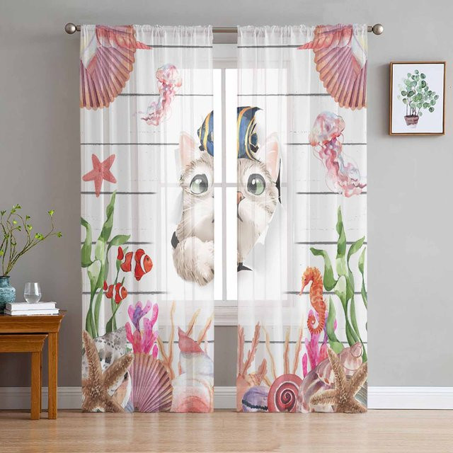 Transparente Tüll-Voile-Vorhänge mit Ozean-Motiv Katze, Qualle, Koralle und Seestern in Multicolour, Breite: 135 cm, Höhe: 115 cm - Bild 1