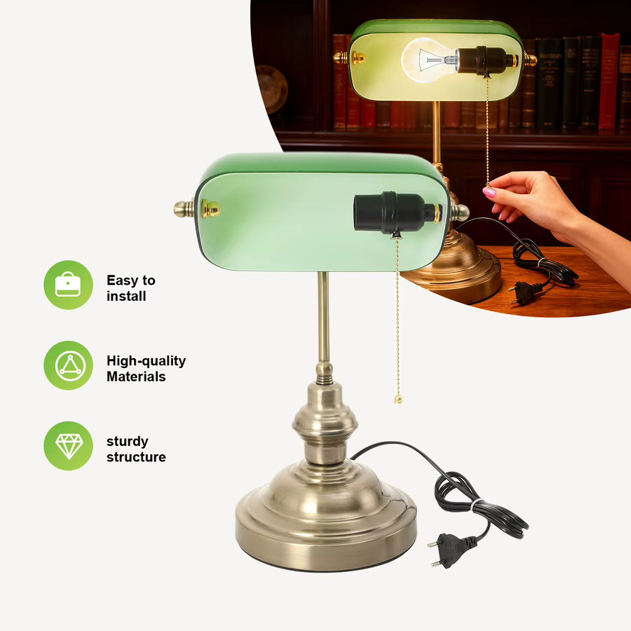 Moderne Banker-Schreibtischlampe in Grün mit Reißverschluss-Schalter und Messing-Details für Büro und Zuhause - Bild 2