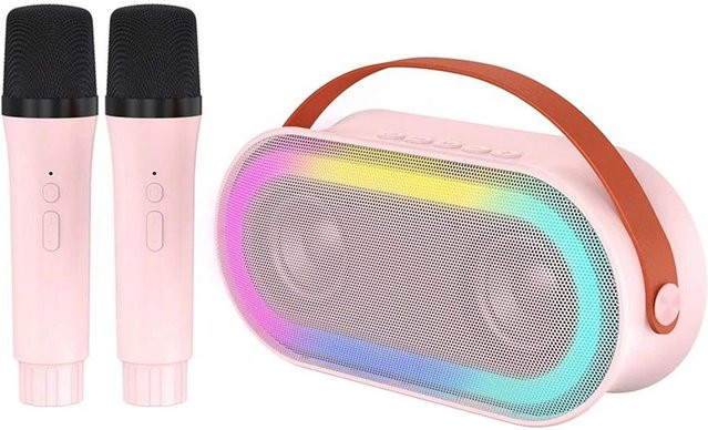Andoer Mini-Karaoke-Maschine mit 2 kabellosen Mikrofonen, tragbarer Bluetooth-Lautsprecher mit 10 W HiFi-Sound und LED, Farbe: Rosa - Bild 1