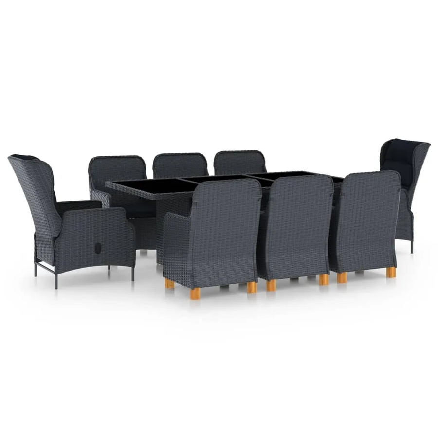 vidaXL 9-tlg Garten-Essgruppe aus Poly Rattan und Akazienholz in Dunkelgrau mit Glasplatte und Auflagen - Bild 2