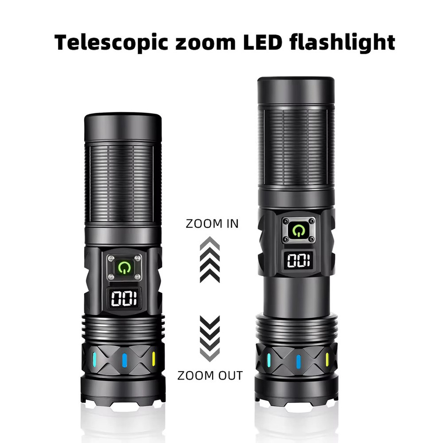 Alonefire LED Hochleistungs-Taschenlampe mit 5000 Lumen und Zoom, USB-aufladbar, Schwarz, Aluminium - Bild 2