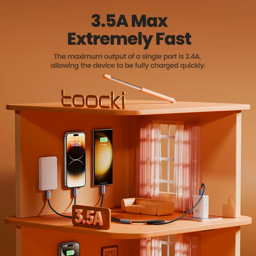 Toocki 3-in-1 USB-Multikabel mit USB-A auf USB-C und Lightning für schnelles Laden, Orange - Bild 5