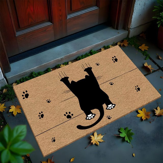 VIKAMA Fußmatte mit schwarzem Katzen-Fußabdruck-Muster aus Kokosfaser, rechteckig - Bild 1