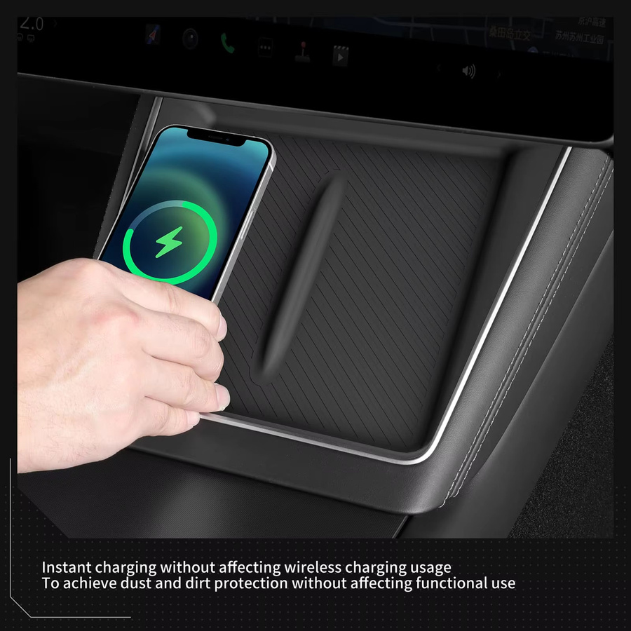 USVOTOV Drahtloses Ladepad für Tesla Model Y Juniper und Model 3 2025 2026, rutschfeste Ladematte und Auto-Organizer in Schwarz - Bild 3