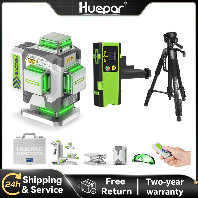 Huepar ZK04CG Set 4D Hochpräzisions-Lasernivelliergerät mit grünem Kreuzlinienlaser, Stativ und Empfänger, Genauigkeit ±2mm/10m - Bild 1