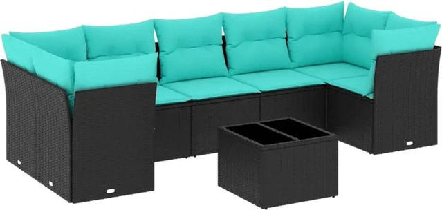 vidaXL 8-tlg. Garten-Sofagarnitur in L-Form mit Polsterkissen und Couchtisch, Schwarz/Blau, Poly-Rattan mit Metallgestell - Bild 1