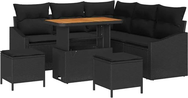 vidaXL 8-teiliges Garten-Sofa-Set in L-Form aus Polyrattan und Akazie mit Kissen in Schwarz - Bild 1