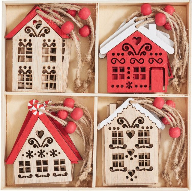 VBS Deko-Holzhäuser Winterzauber in Rot und Weiß als hängende Weihnachtsdekoration - Bild 1