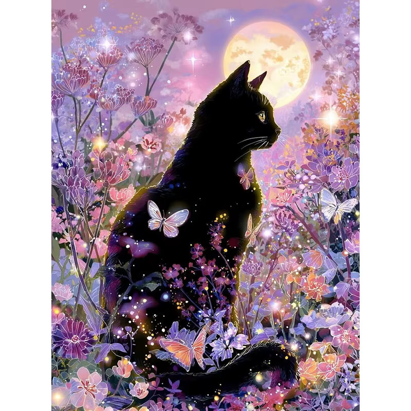 HUACAN Diamant-Mosaik-Kunst Set Katze und Blumen in Schwarz und Multicolour, 5D DIY Set mit runden Steinen - Bild 3