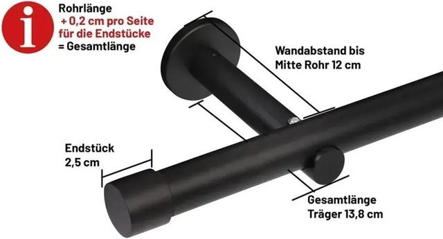 Deco-Raum Gardinenstange nach Maß mit 1-Lauf Kappe, Durchmesser: 25 mm, Schwarz, Länge: 350 cm - Bild 1