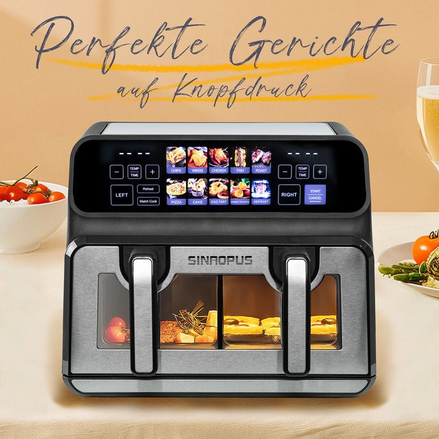 Sinaopus Heißluftfritteuse 2200W mit 9L Doppelkorb, Ölfreier Kocher in Schwarz mit LED-Touch-Steuerung und Sichtfenster, 10-in-1 Multifunktion - Bild 1