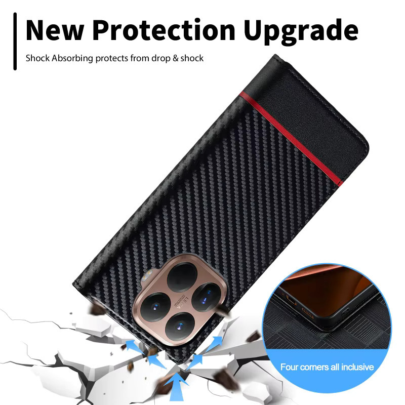 EUCAGR Handyhülle aus Carbonfaser und PU-Leder für Xiaomi 17T Pro mit Kartenfach und Abdeckung, Schwarz - Bild 2
