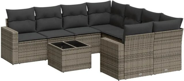 vidaXL 9-teilige Garten-Sofagarnitur in L-Form aus grauem Poly-Rattan mit Kissen und pulverbeschichtetem Stahlgestell - Bild 1