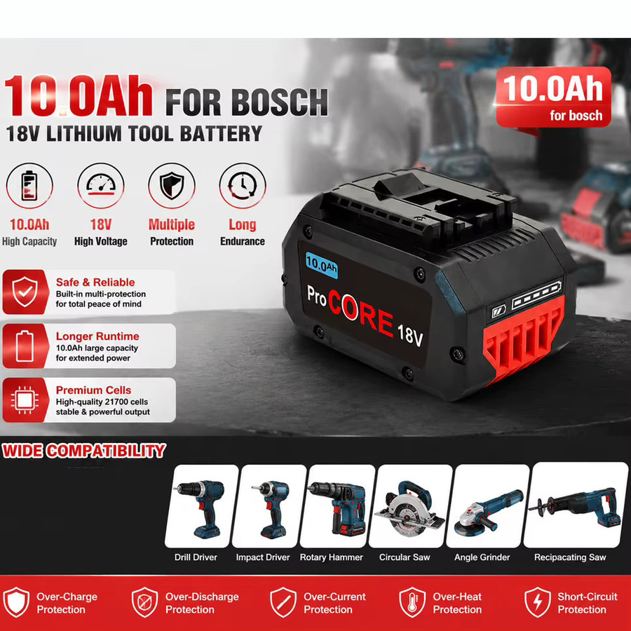 Ddadache Ersatz-Lithium-Akku 18V 10,0Ah für Bosch ProCORE Akku-Elektrowerkzeuge BAT609 BAT618 GBA18V8, Schwarz - Bild 3